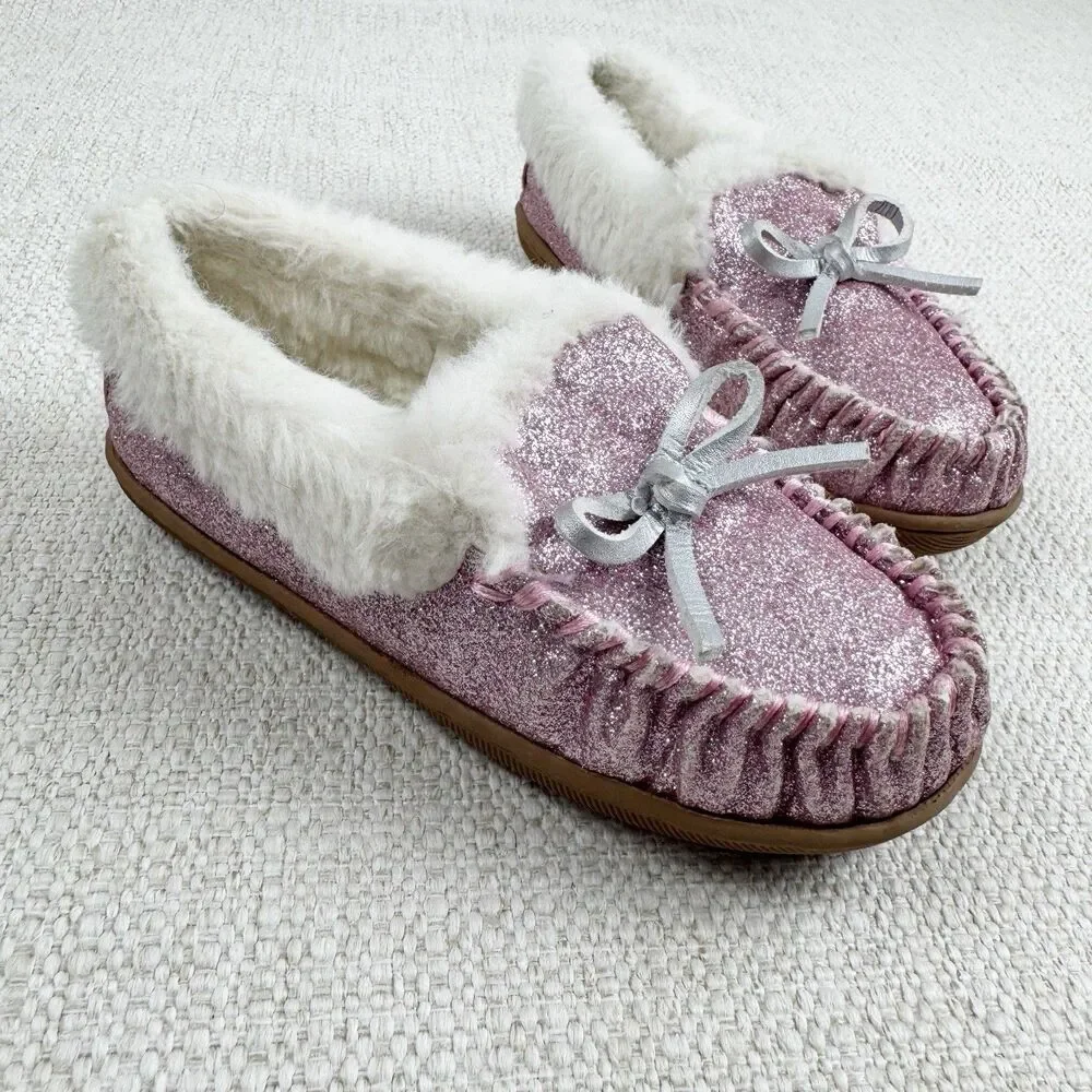 J Crew Youth Glitter Slippers Girls K12 Kids 12 Pink Faux Shearling Moccasin